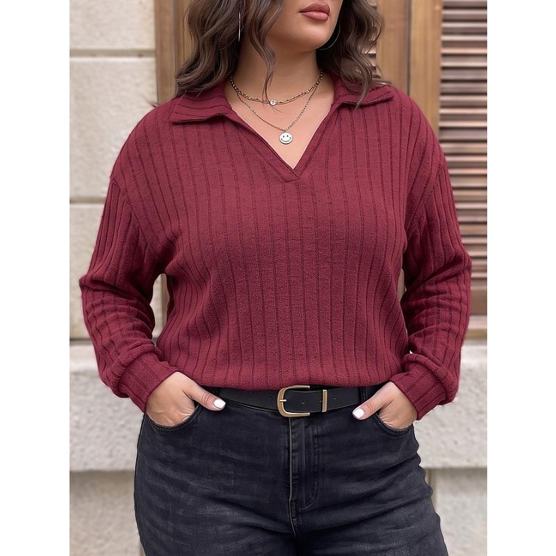 Plus Size Women S Long Sleeve Knit Turn Down Collar Striped Casual Basic Top