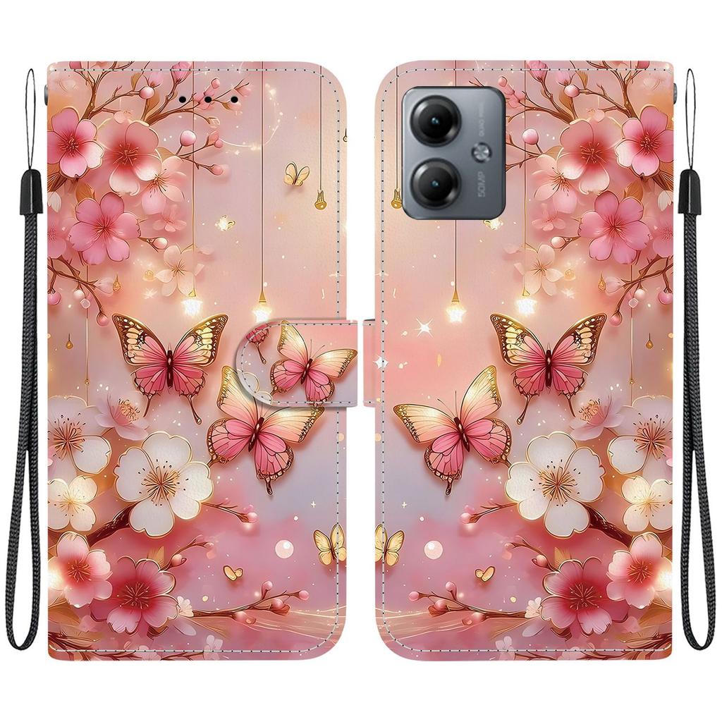 Handmade PU Leather Flip Case for Motorola Moto G14 Anti-Slip Shockproof Cover with Wrist Strap & Heart/Rose Cat Designs