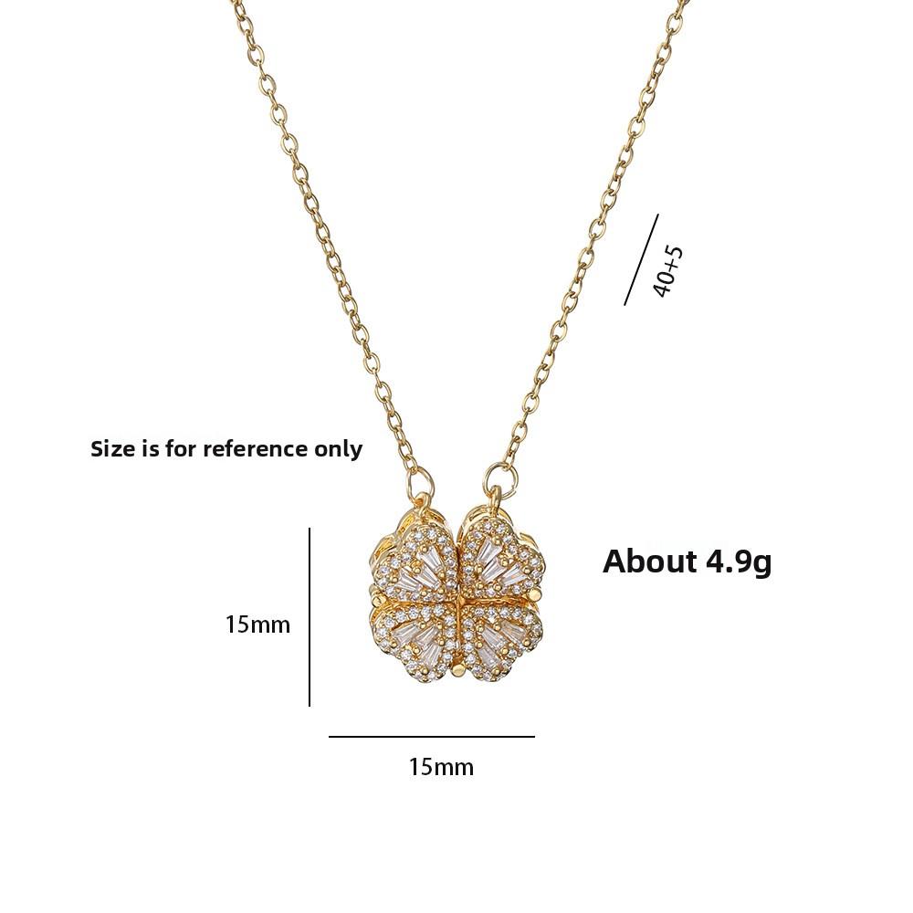 Women's Japanese Korean Folding Fashion Two-Wearing Four-Leaf Flower Heart-to-Heart Clavicle Necklace Zircon Copper Water-Wave