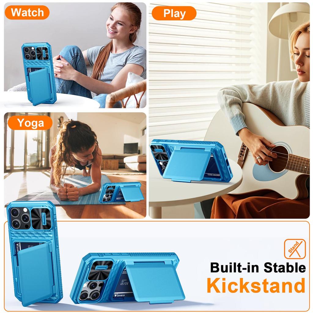 RFID Blocking Wallet Case with Card Holder Sliding Camera Cover PC+TPU Protective Case for iPhone 16 Pro Max-Light Blue