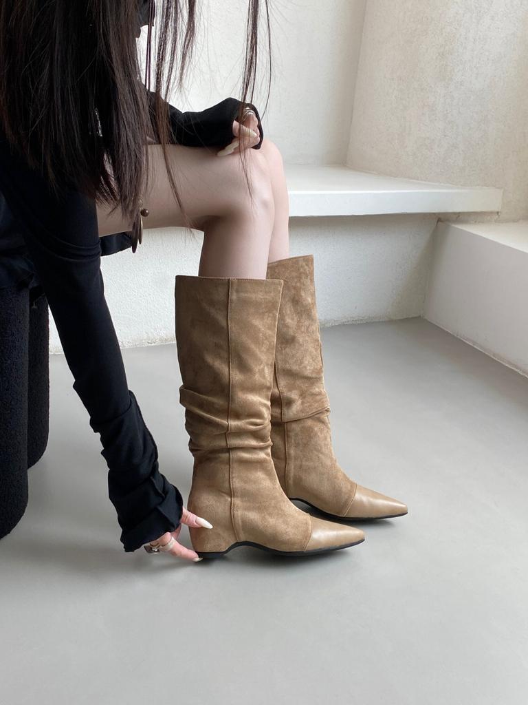 Small man inner height increase but knee boots stacking boots women's boots early autumn retro suede khaki boots western boots