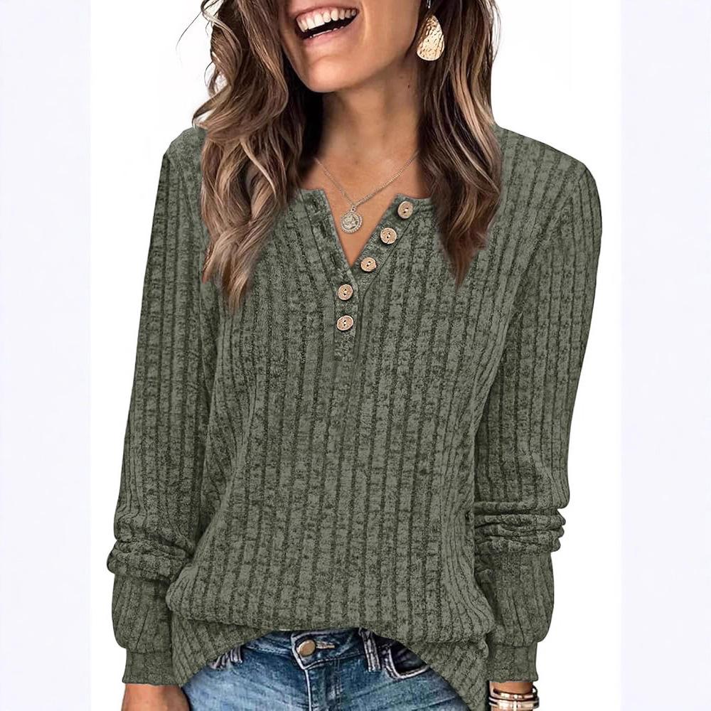 New Autumn and Winter Women's Round Neck Casual Button Knitted Long-sleeved Tops T-shirt for Women
