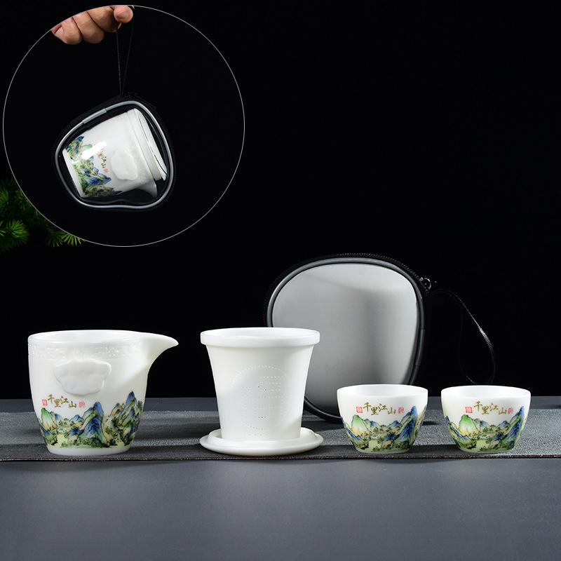 High-end suet jade kung fu tea set portable travel bag, one pot and two cups of thousands of miles of Jiangshan express cup gift