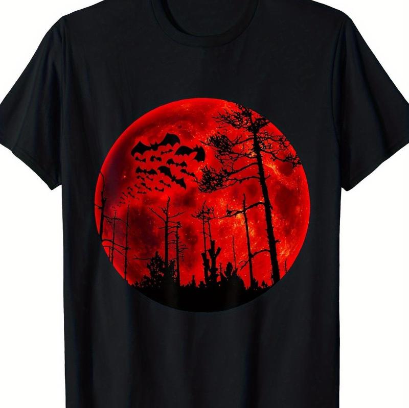 

Summer Bestseller Men s Gothic T-shirt with Blood-red Moon and Bat Silhouette Patterns - Cotton Round-neck Casual Top 4XL