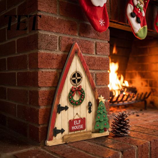 Holiday Home Ornaments Christmas Fairy Door Wall Decoration, Solid Wood with Adhesive Backing Design, Tree Decorations Miniature Tiny for Trunks