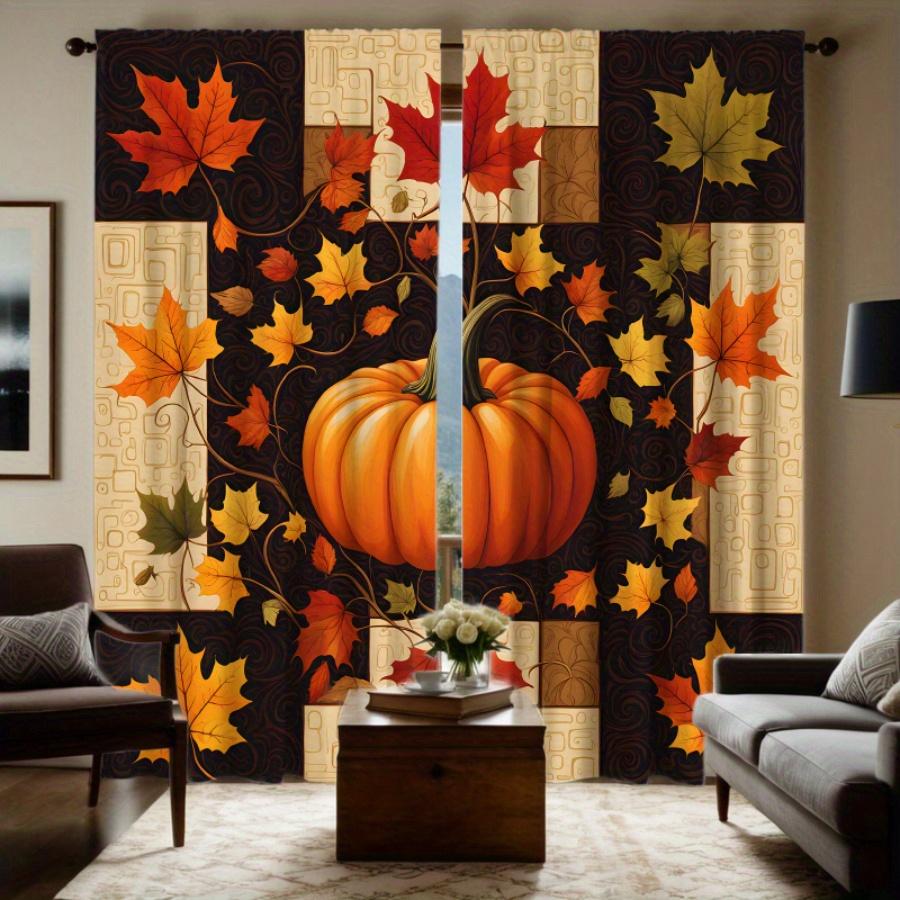 Set Of 2 Autumn Pumpkin Maple Leaf Print Curtains Polyester Fabric Suitable Bedroom Living Room Decoration Curtain Ideal For Area