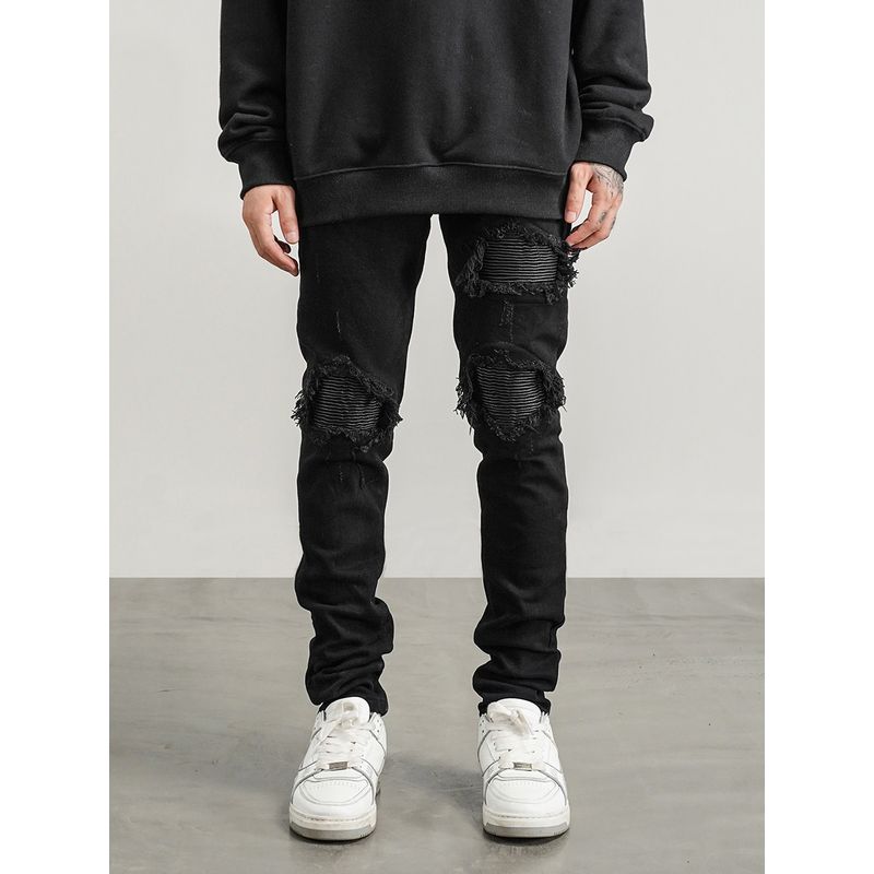 

Kanye European and American High Street Ins Style Heavy Biker Patchwork Pu Slim Fit Stretch Skinny Jeans Black 36