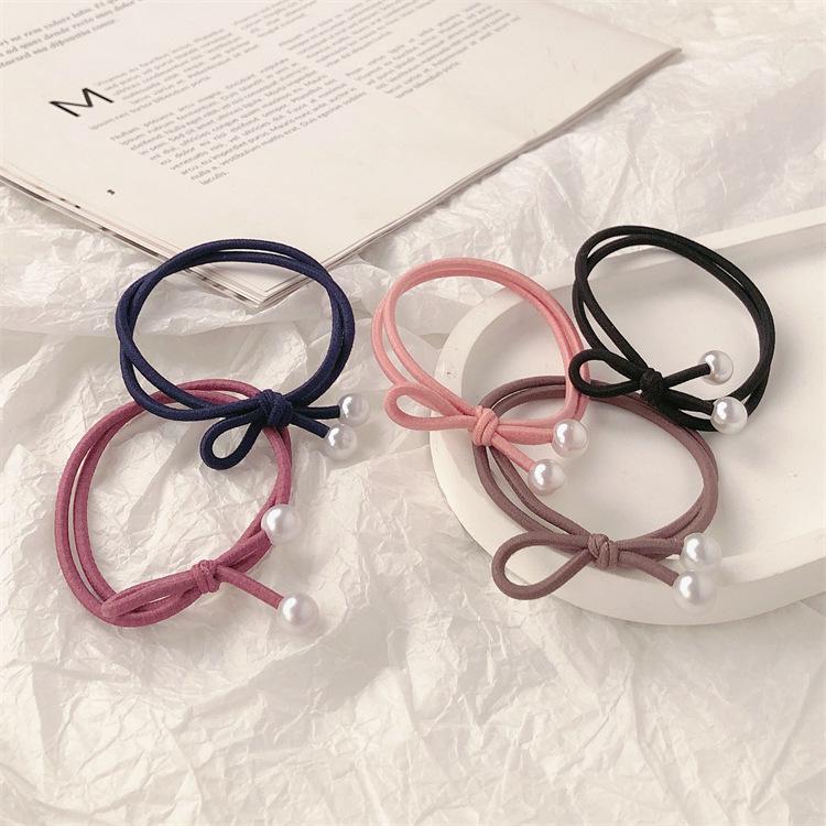 Korean Style Simple Bow Pearl Hair Tie - Elastic Hair Band Accessory
