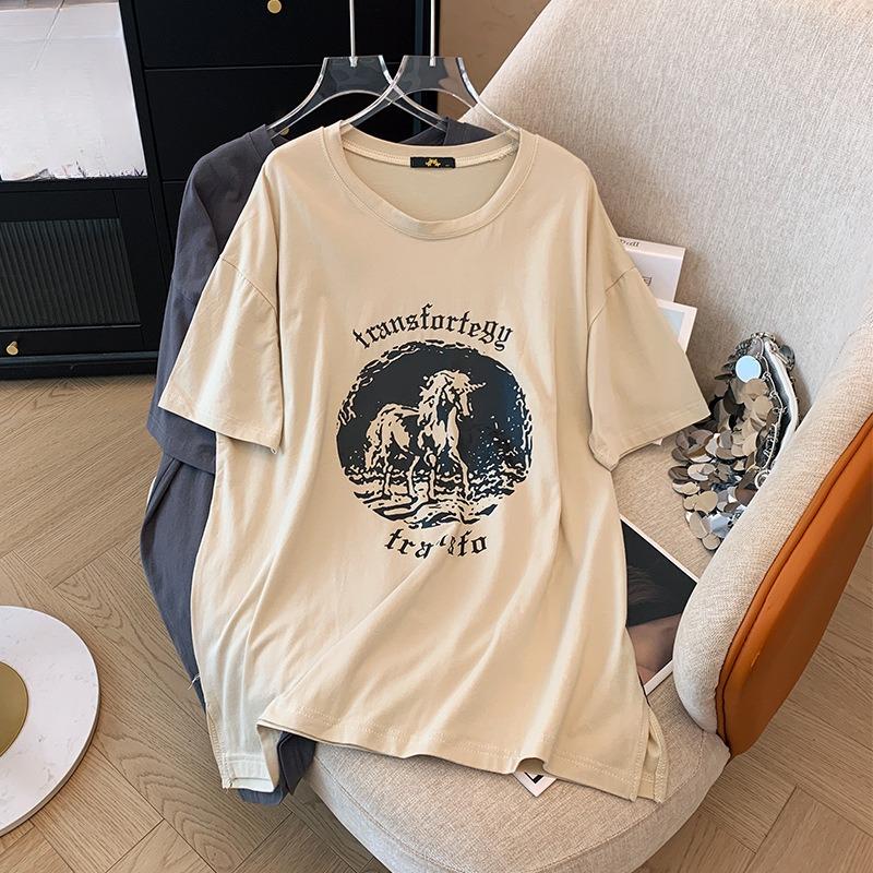 Plate-size Women's Mid-length Split Short-sleeved T-shirt with Printed Summer Versatile Tops