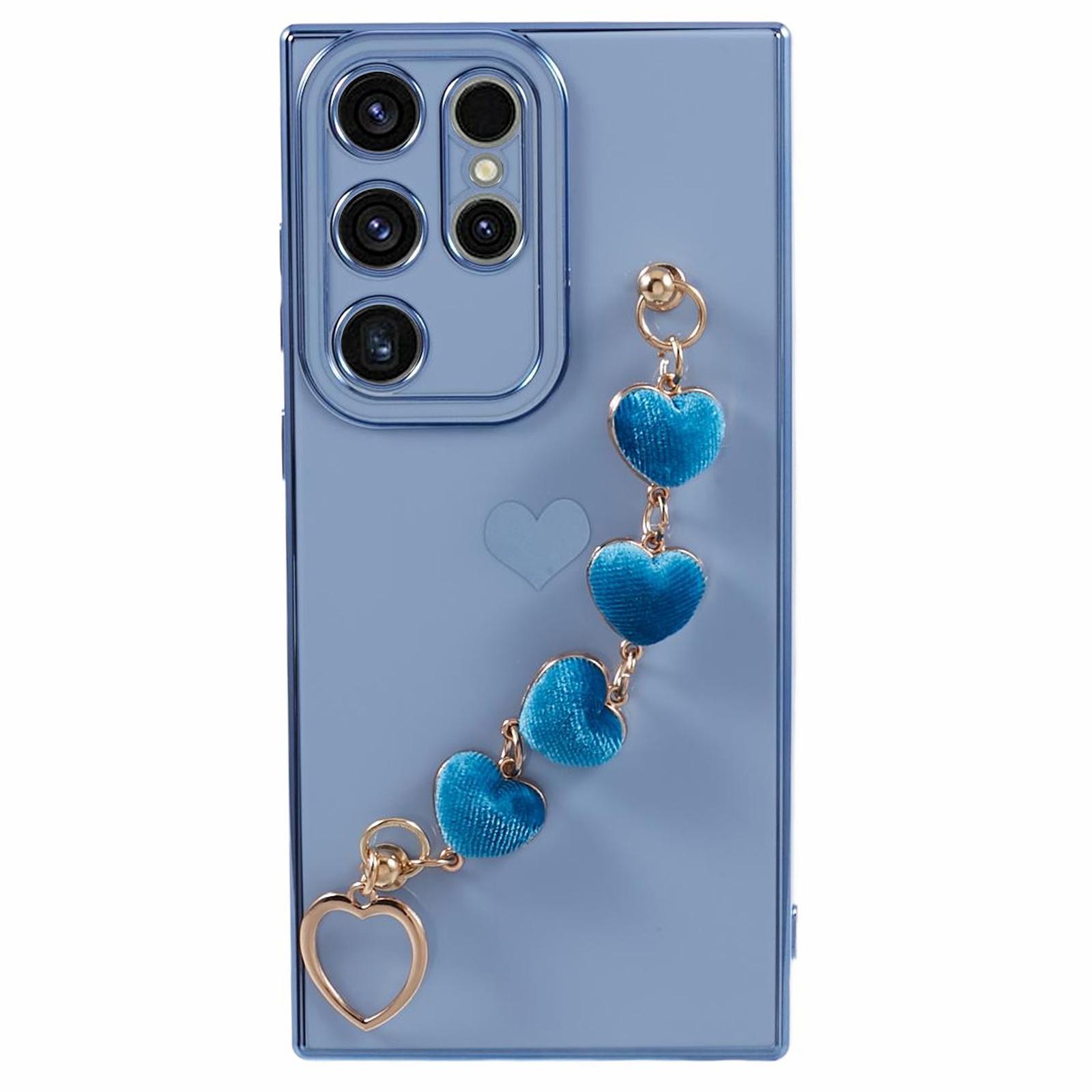 

For Samsung Galaxy S23 Ultra Phone TPU Case Electroplating Phone Cover with Plush Love-Heart Strap Blue