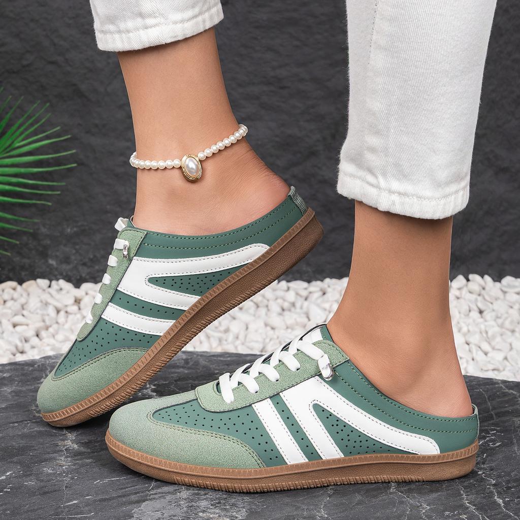 Women Retro Color Block Slip On German Trainer Mule Slippers, Breathable Soft Sole Versatile Casual Summer Walking Shoes