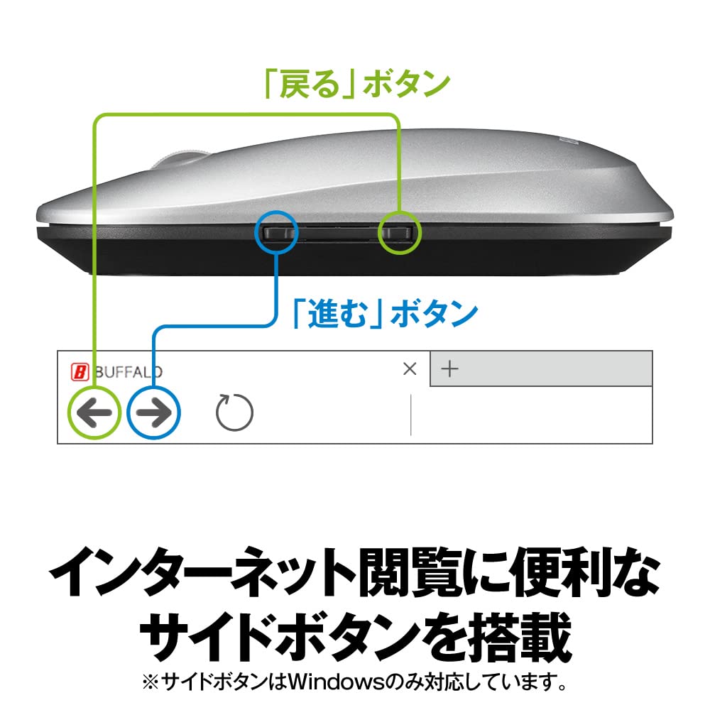 Buffalo Wireless Mobile Bluetooth Thin and Design with Quiet Blue DPI Presentation Up To 972 Days of Compatible with Standard Silver Mouse, FLEXUS,