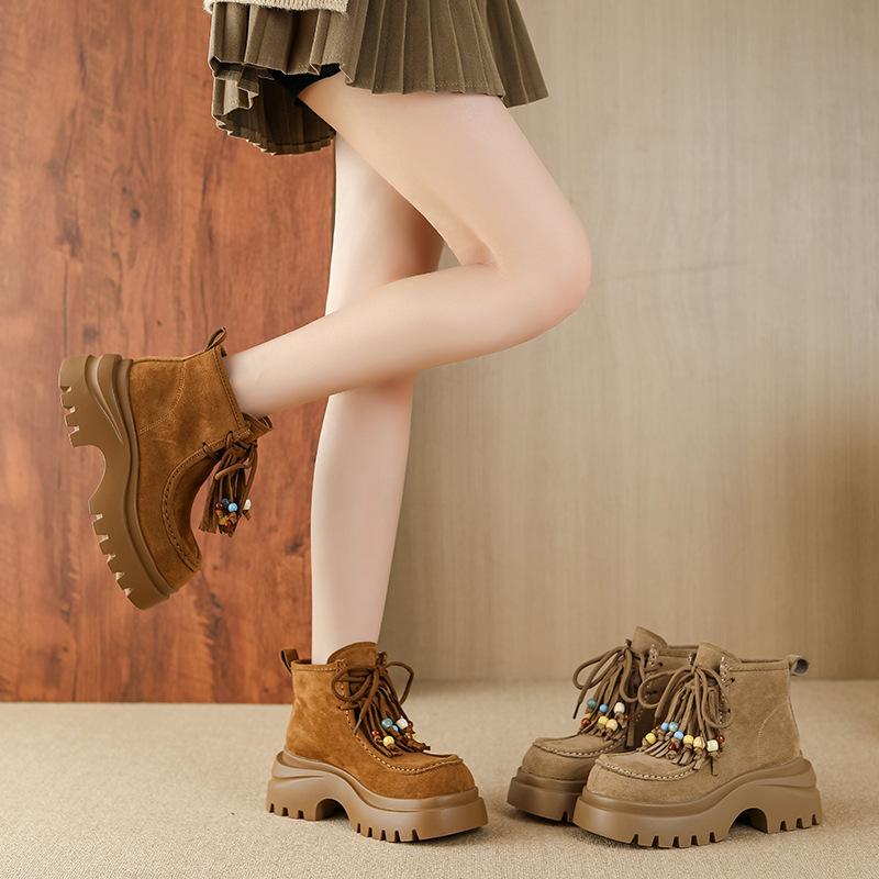 9691-6 Casual 2025 Thick-soled Height-increasing Lace-up Beaded Snow Versatile Martin Boots Muffin Heel Women's Shoes