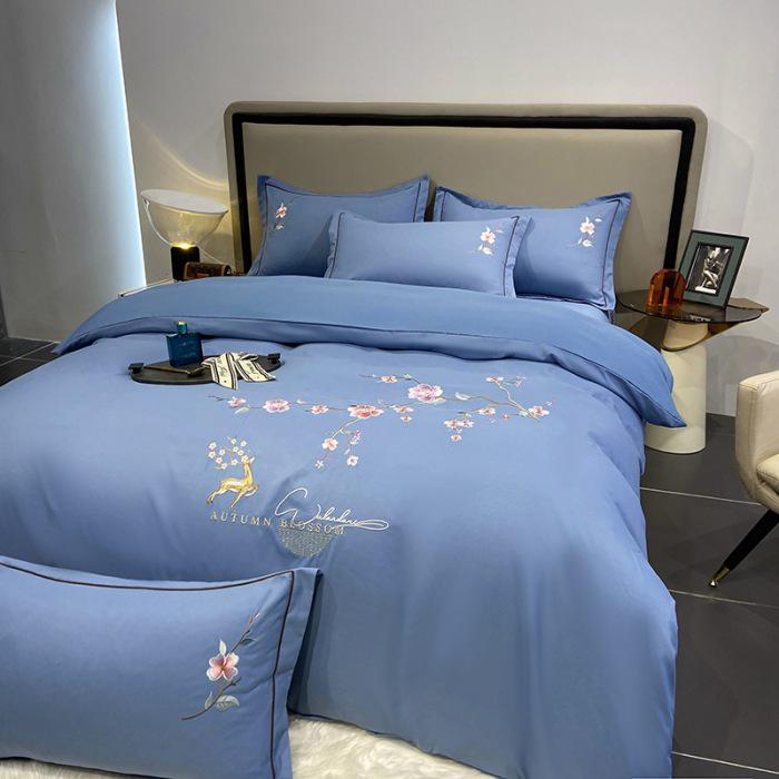 Embroidered Cotton Flannel 4-Piece Bedding Set - Solid Color, Warm Bed Sheets & Duvet Cover