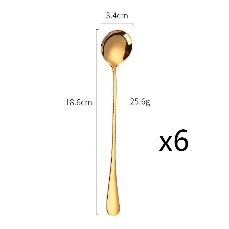 6Pcs Stainless Steel Coffee Tea Stir Spoon Long Handle Ice Cream Dessert Spoons Stainless Steel Tableware Set Kitchen Supplies
