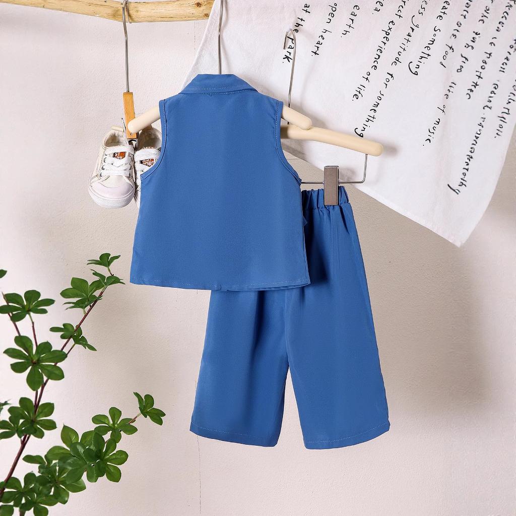 Girls' Fashionable Set Summer Children's Elegant Lapel Corsage Sleeveless Top + Trousers