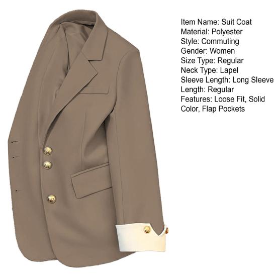 Women Suit Coat Lapel Long Sleeve Single Breasted Suit Jacket with Flap Pockets Loose Fit Basic Solid Color Office Commuting Outerwear