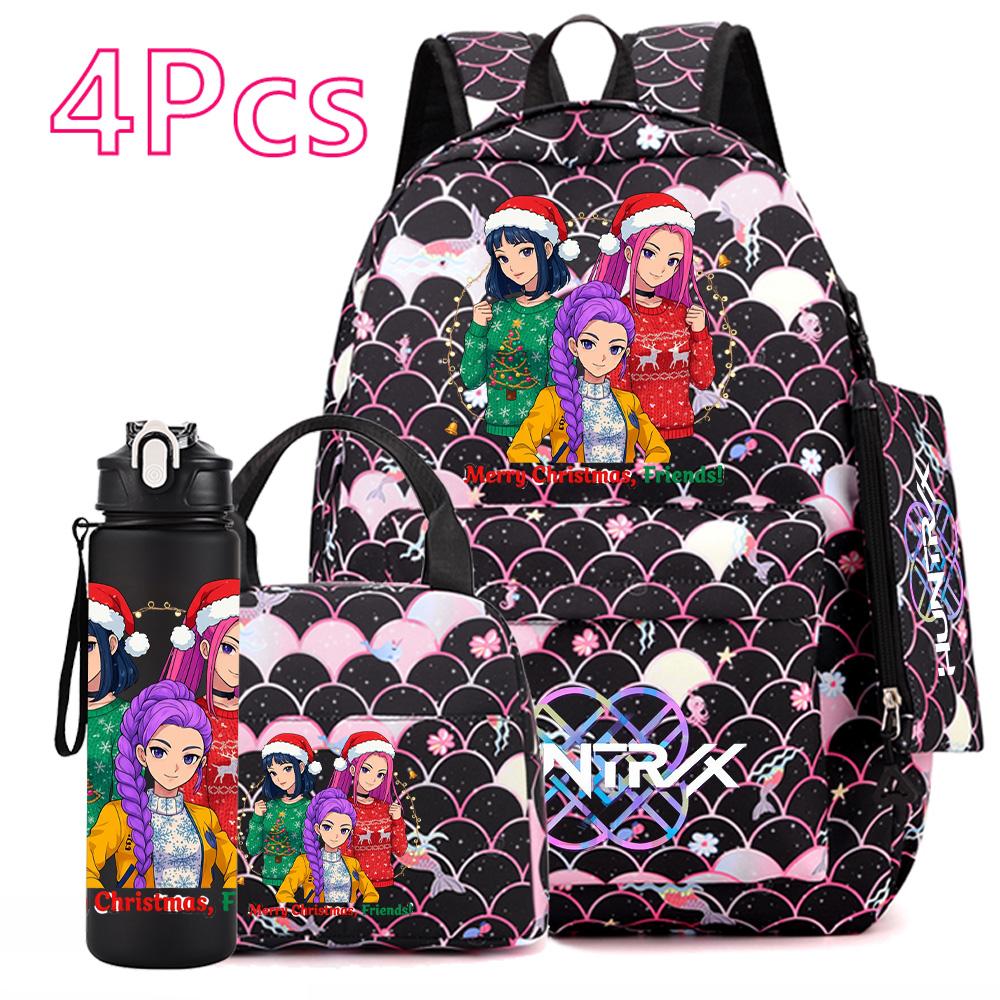 4Pcs/set Christmas Kpop Printed Backpack with Handbag Pencil Case 750Ml Water Bottler for Teenager Boy Girl Large Capacity Bookbag Schoolbag Kid Gift
