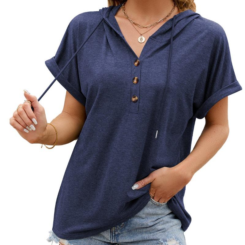 Summer New Solid Color Plus Size Casual T-shirt Women with Hooded Buttons Loose Short Sleeve T Shirt Women Fashion Elegant Lady Tee Tops 24297