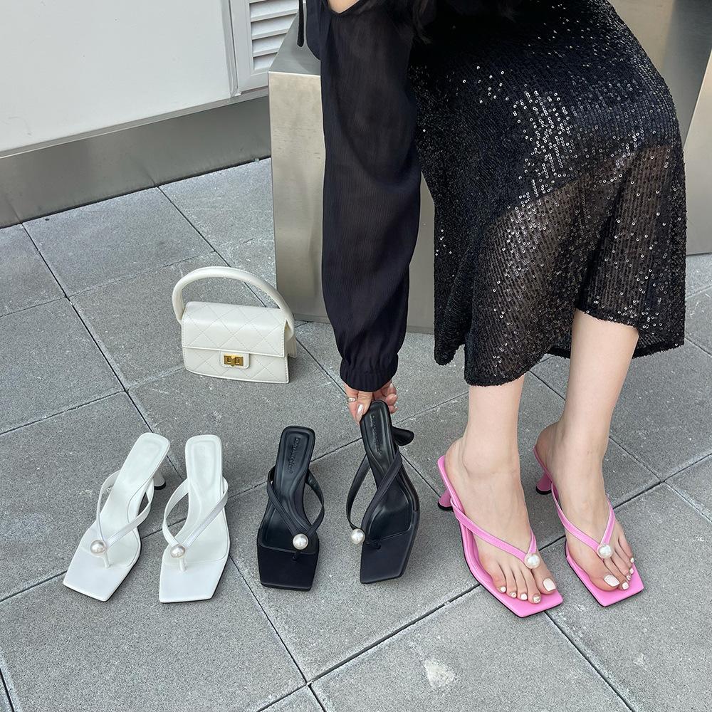 

Mezzanine cool slippers women s summer fashion outer wear black high heels women s high sense square head pearl sandals 40