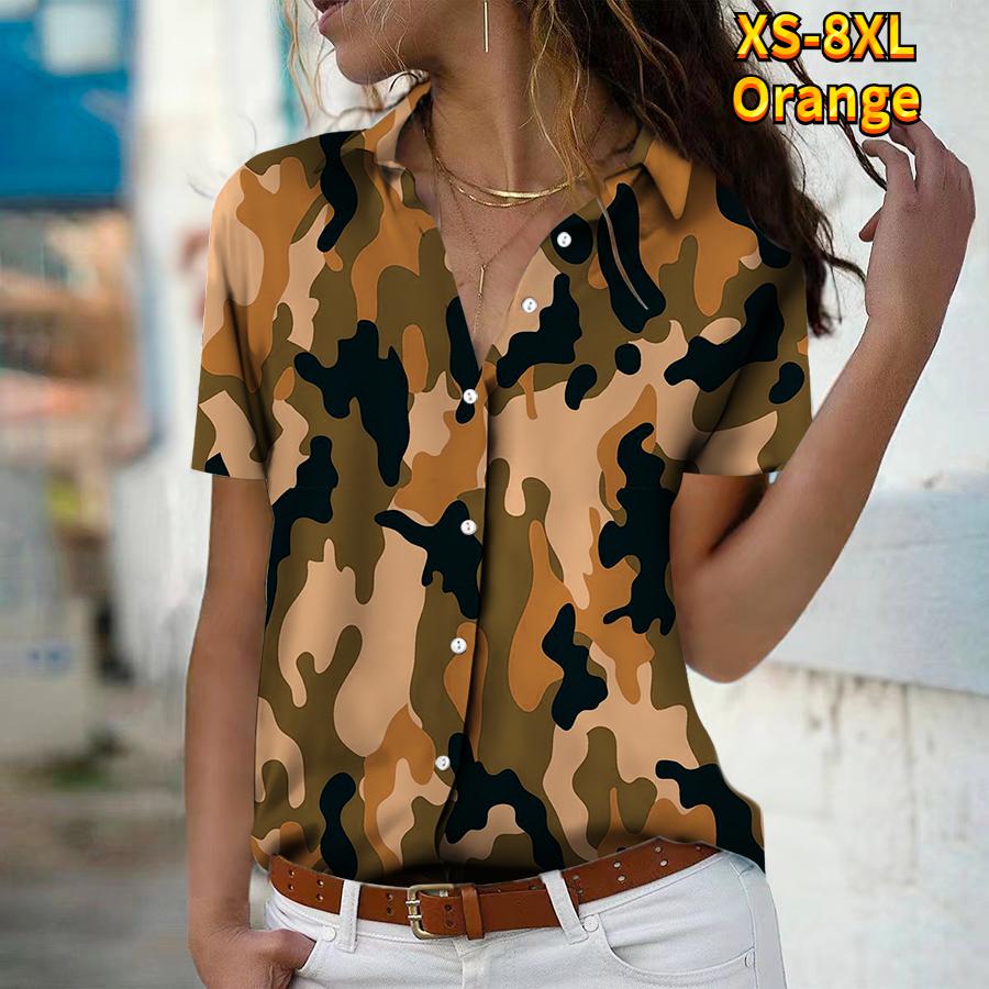 

Лето 2025 Новая Мода Женская Рубашка Топ с Коротким Рукавом и V-образным Вырезом в Повседневном Стиле на Пуговицах с Камуфляжным Принтом 8XL оранжевый