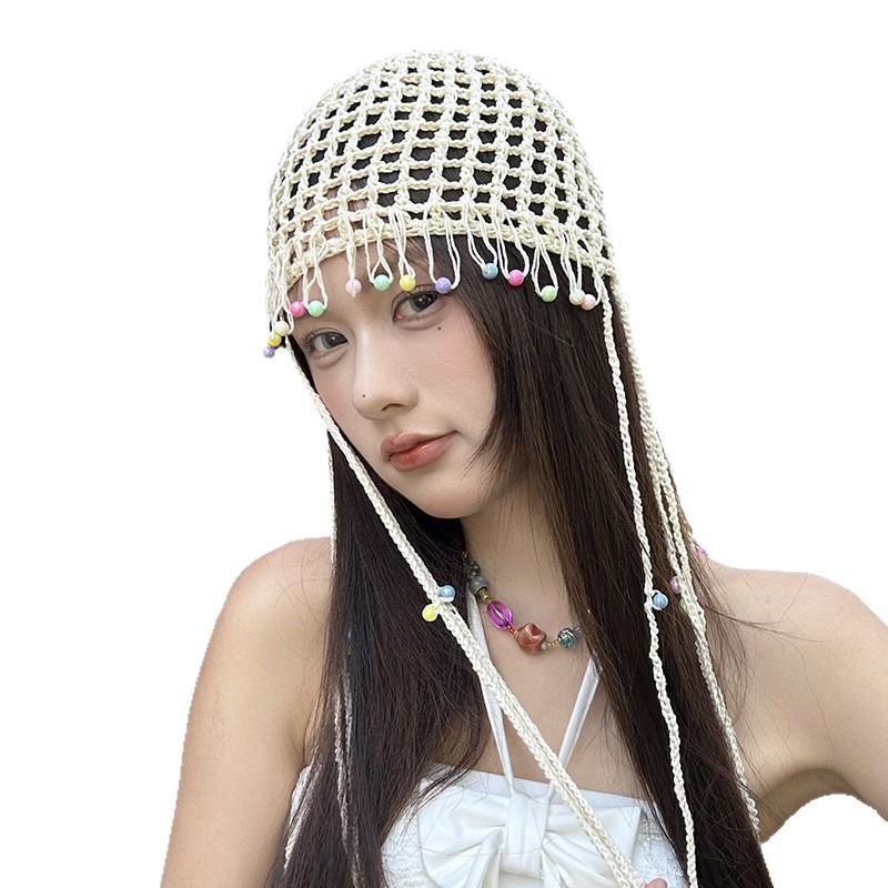 New Colorful Pearl Tassels Baotou Hat Pure Hand Crochet Hollowed Out Ethnic Style Tassels Beach Hat