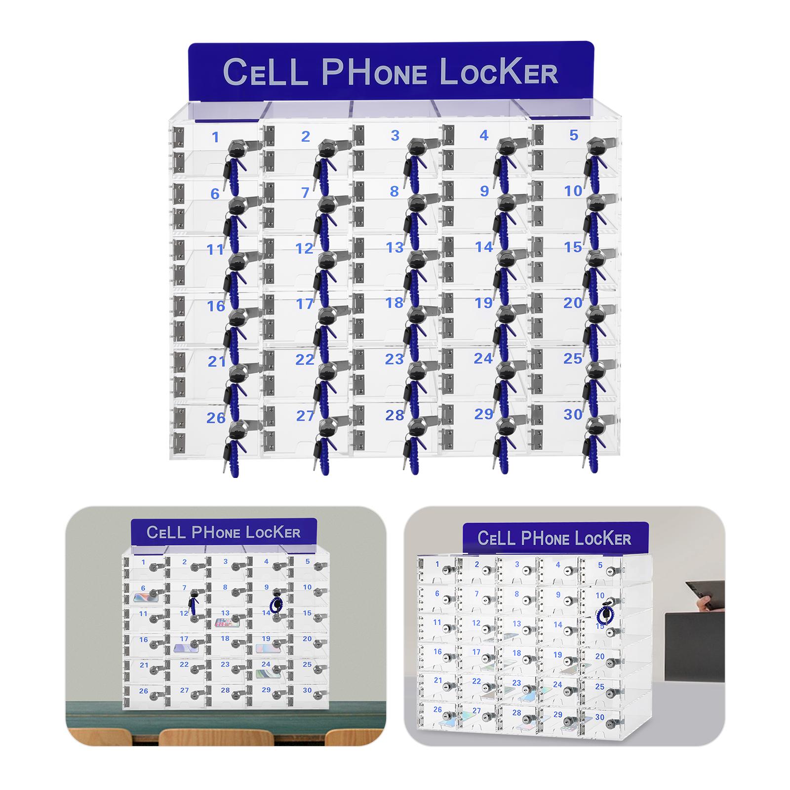 

Акриловый шкаф для хранения мобильных телефонов с 30 отделениями, прозрачная+синяя прямоугольная коробка для мобильных телефонов с замком 52*18*42см для классных комнат очистить синий