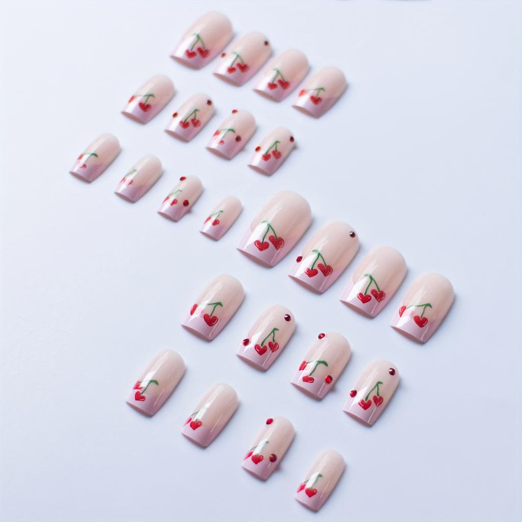 24 Stück/Set glänzend rosa French Press On Nails kurz mit rotem Kirschdesign zum Aufkleben der Nägel Glitzer rote Strasssteine kurze quadratische künstliche Nägel
