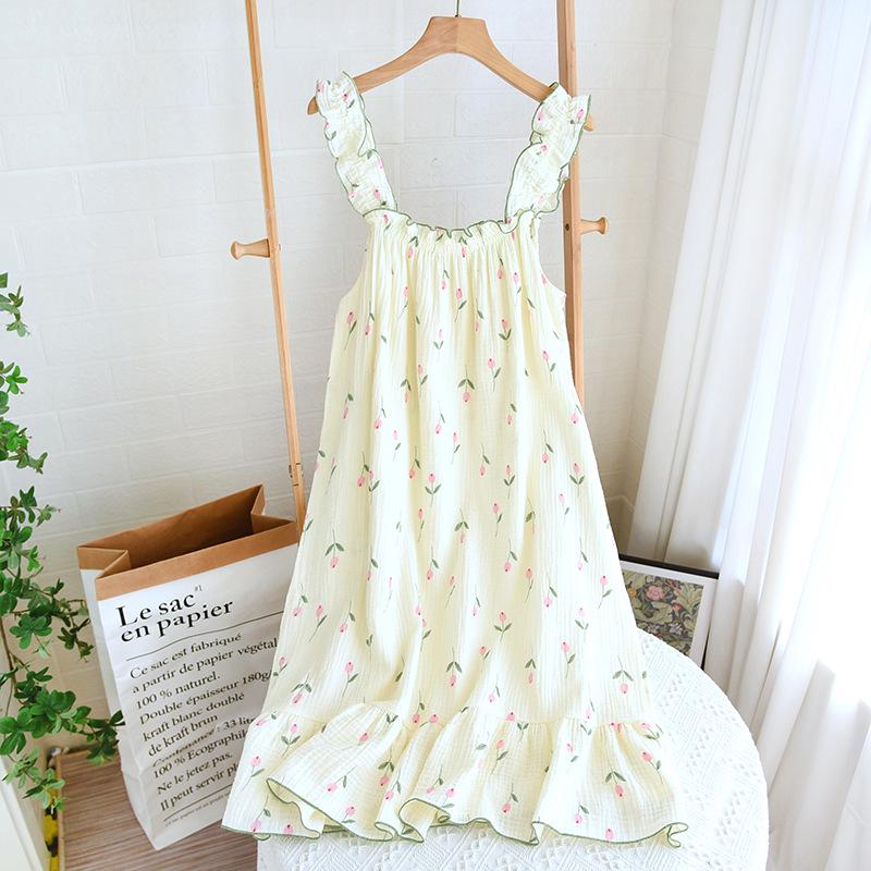 Women's Polka Dot Cotton Gauze Nightdress - Summer Sling, Mid-Length, Sweet & Lovely Pajamas