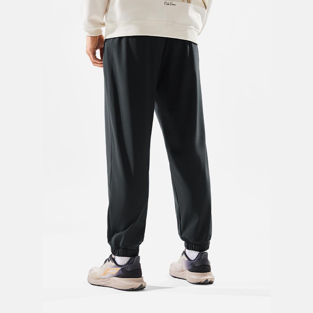 Li Ning Fitness Series Solid Color Mid Waist Comfortable Breathable Fleece Warm Cuffed Sports Long Pants Men Bottoms Black AYKU673-1