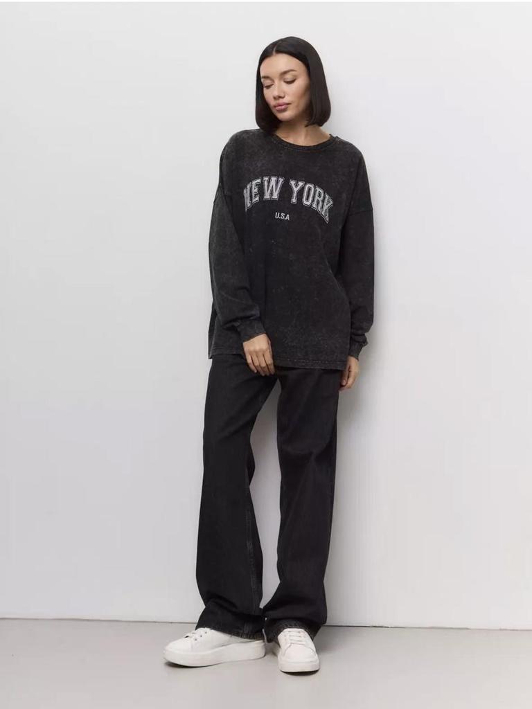 Vintage European-American Style Black Cotton Print Long Sleeve Slimming T-Shirt for Women