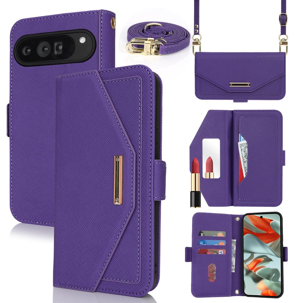 Crossbody Cards Solt Wallet Leather Case For Google Pixel 9 Pro XL 8 8A 6A 7 7A Long Lanyard Book Flip Makeup Mirror Bag Cover