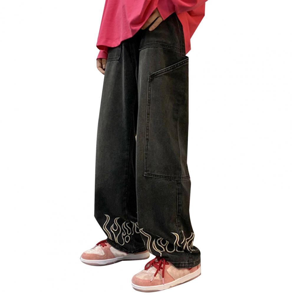 Muži Ležérní Džíny Flame vzor Velké kapsy Dlouhé kalhoty Rovné Široké nohavice High Street Distressing Denim Kalhoty