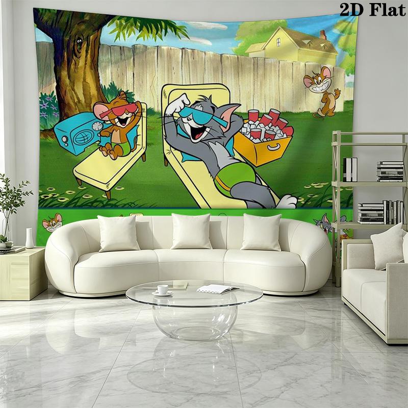 Mouse Cat Cartoon Wall Tapestry Aesthetic Wall Hanging Printed Fabric Blanket Decorative Tapestries for Bedroom Living Room Home Decor