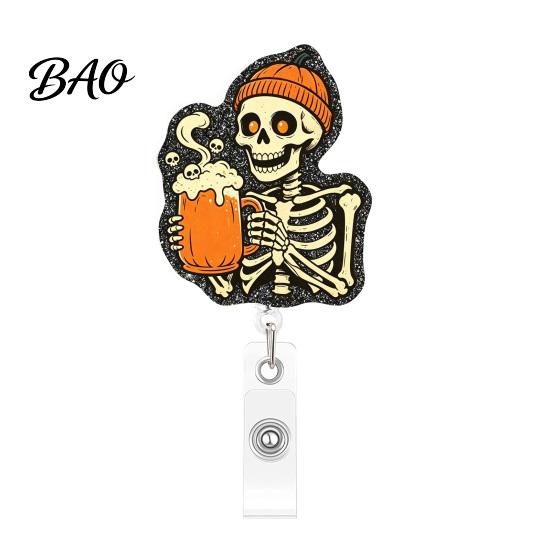Halloween Badge Reel Retractable Reel, Skeleton And Pumpkin Design, Acrylic ID Card Clip Holder with Sturdy Metal for Nurses Office Staff Work