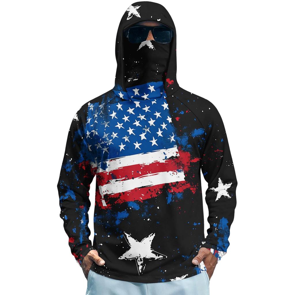 Men's Long Sleeve Quick Dry Hoodie Shirt with Flag Print Lightweight UV Protection Fishing Fitness Sports Top for Outdoor Activities