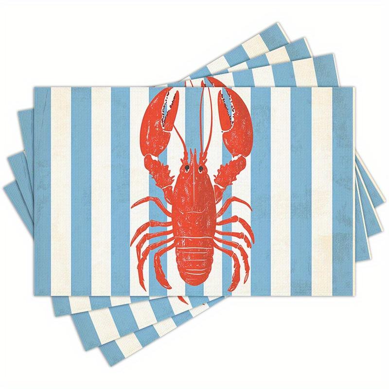

4pcs Red Lobster Print Placemats - Washable Polyester, Blue and White Striped Background, Suitable for Holiday Parties and Home Decor 4pcs