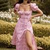 Women Floral Print Square Neck Short Sleeve Lace Up Split Long Dress
