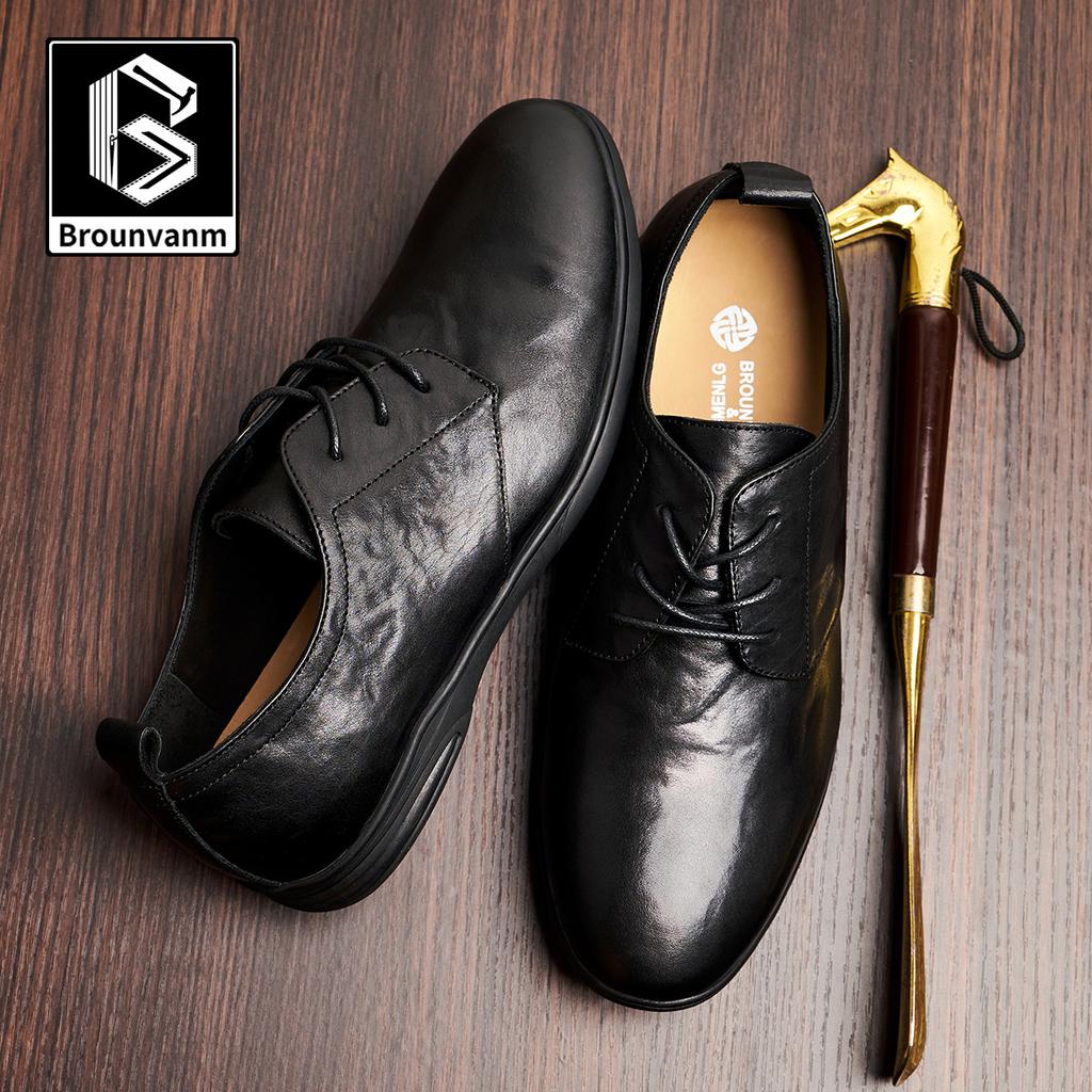 Bowei Men'S Leather Business Casual Leather Shoes Comfortable Round Head Lace-Up Shoes Fashionable Versatile Soft Sole Breathable Men'S Shoes