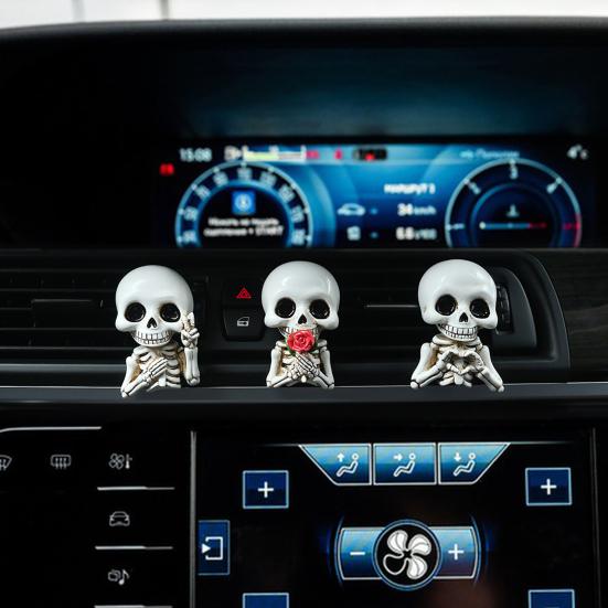 3Pcs Skull Car Air Fresheners Gothic Smiling Skull Car Vent Clip Auto Aromatherapy Diffuser Halloween Car Interior Decoration