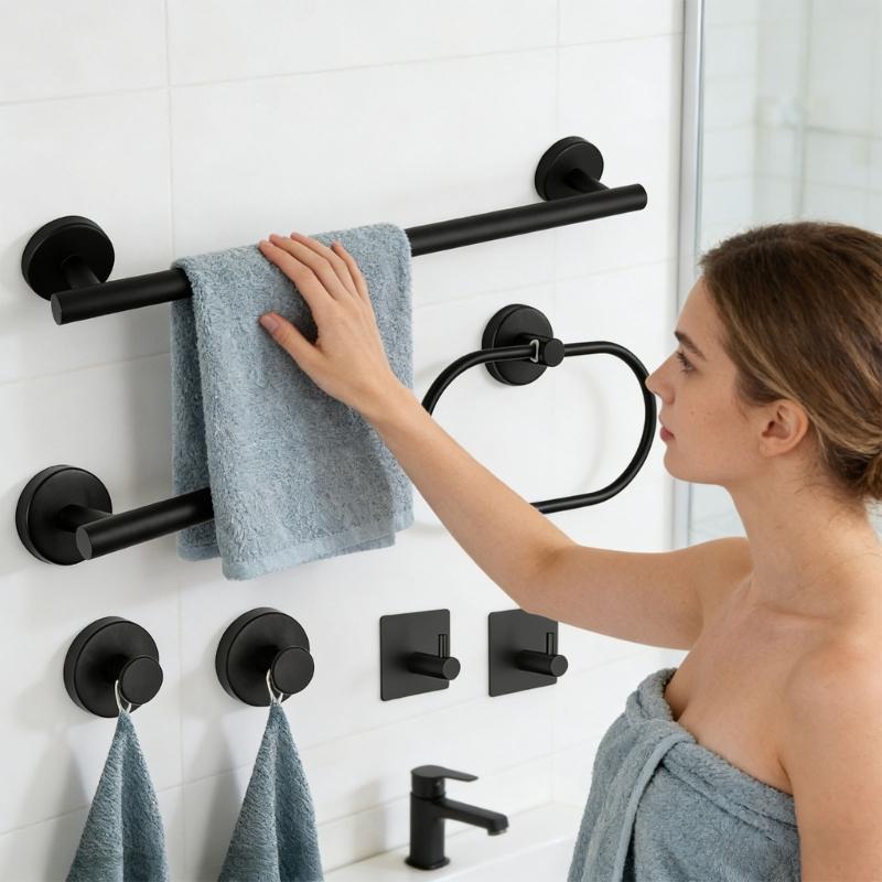 Bathroom Towel Rack Adhesive Towel Rings Robe Hook Toilet Paper Holder Bathroom Accessory Set Easy to Installation