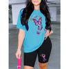 Women's Fashion Round Neck Purple Butterfly Print Casual Short Sleeve Shorts Set