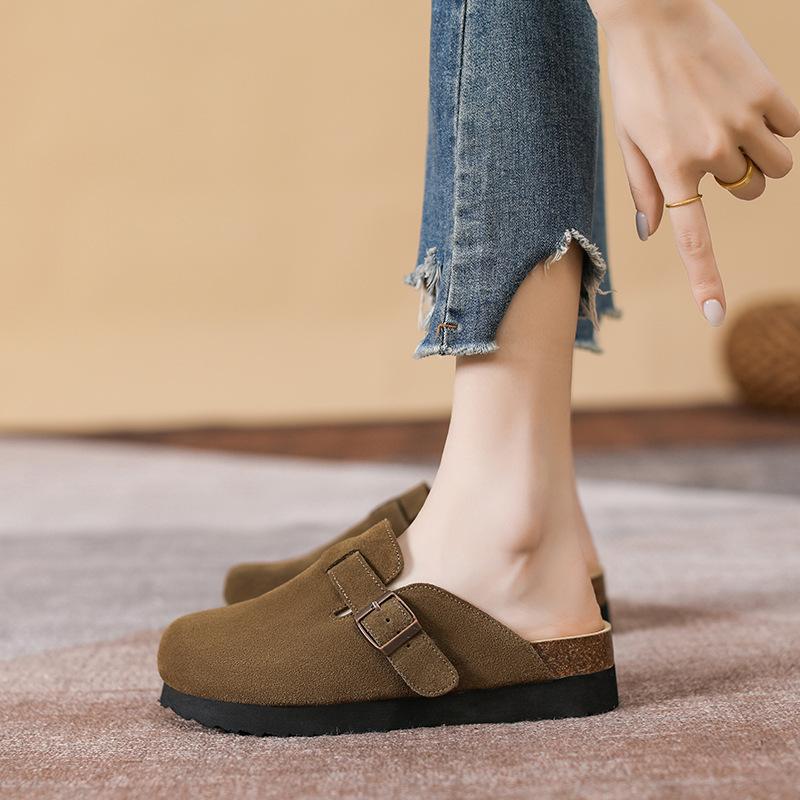 Spot large size Sanxi same style, all leather slippers, cork bottom thick bottom inner height increase bag head half slippers Boken shoes women