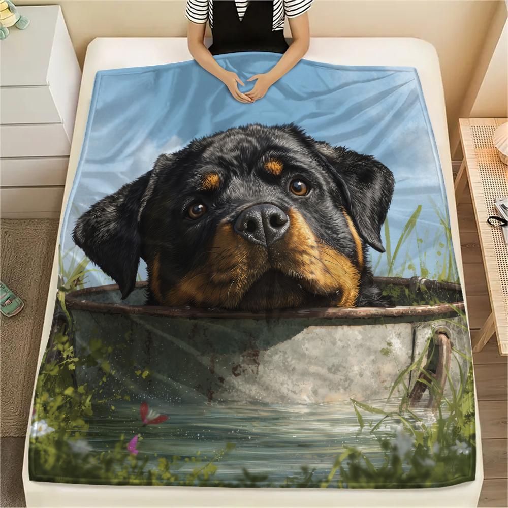 Rottweiler and Grass,pattern Flannel Blanket, High quality Comfortable for All Seasons, Home Decor, Warmth and Comfort, Perfect for Gifts.