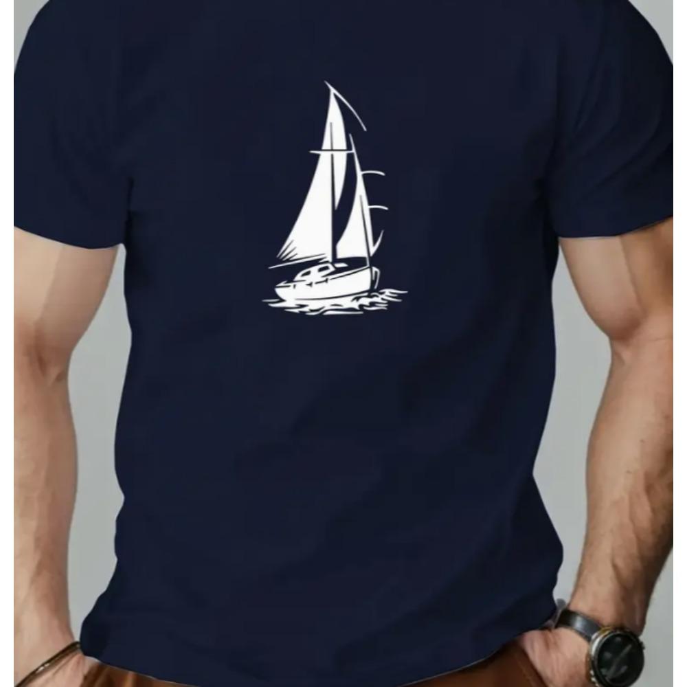 Men Sailboat Graphic Summer T-Shirt Breathable Round Neck Short Sleeve Tee for Beach Outdoor Casual Attire