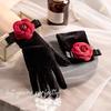 Yousheng Ladies Velvet Gloves Retro Black Gloves with Wrist Flowers Glossy Vintage Style Bridal Gloves for Weddings Banquets Dinner Party Cocktail