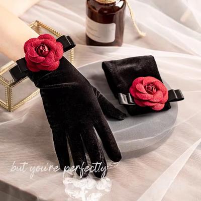 Yousheng Ladies Velvet Gloves Retro Black Gloves with Wrist Flowers Glossy Vintage Style Bridal Gloves for Weddings Banquets Dinner Party Cocktail