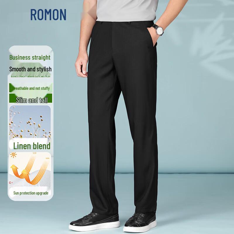 ROMON Men's Linen Blend Straight Fit Anti-Wrinkle Casual Trousers