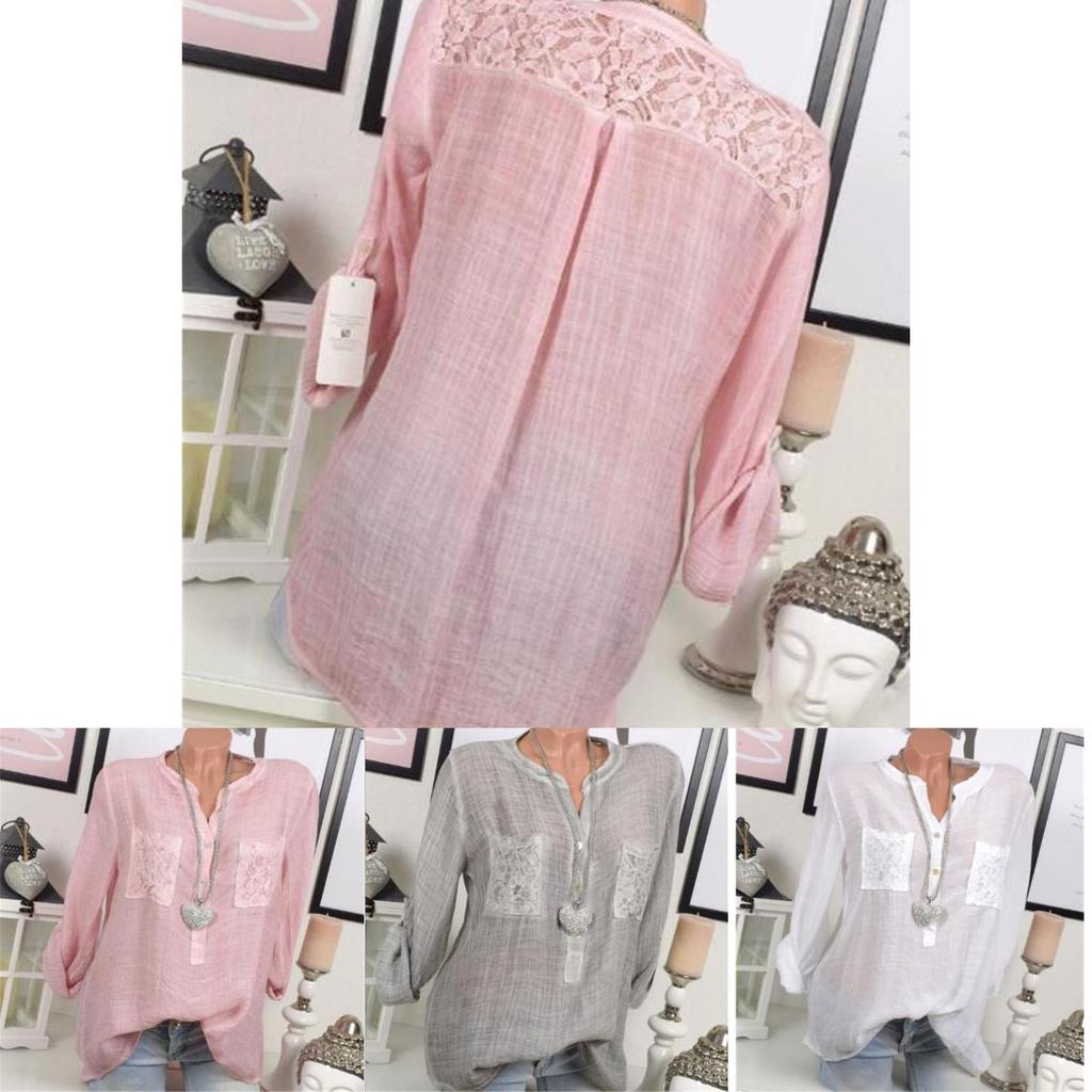 Chic Lace Shirt Autumn Women V-neck Long Blouse Loose Plus Size Sleeve S-5xl