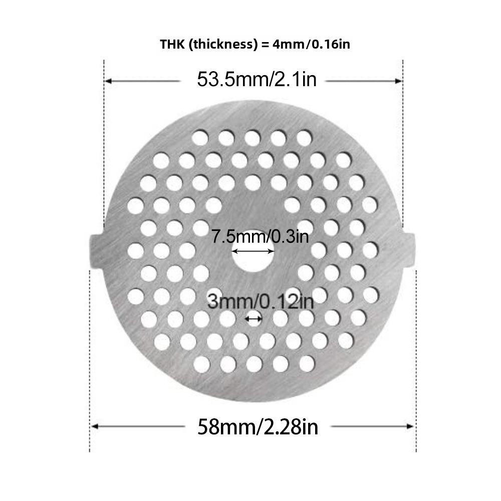 Stainless Steel Meat Grinder Accessories: Knife, Blade, Hole Plate, Sausage Stuffer, and Grinder Rod.